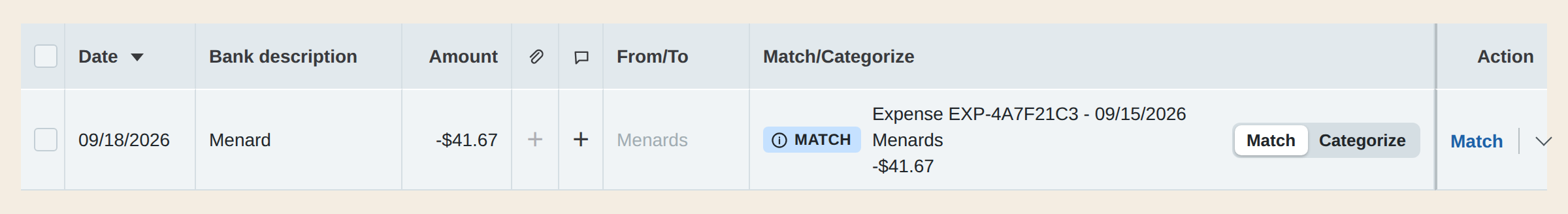 QuickBooks Online bank transactions: the Menards charge on the card, with the expense created on Tuesday suggested as its match.
