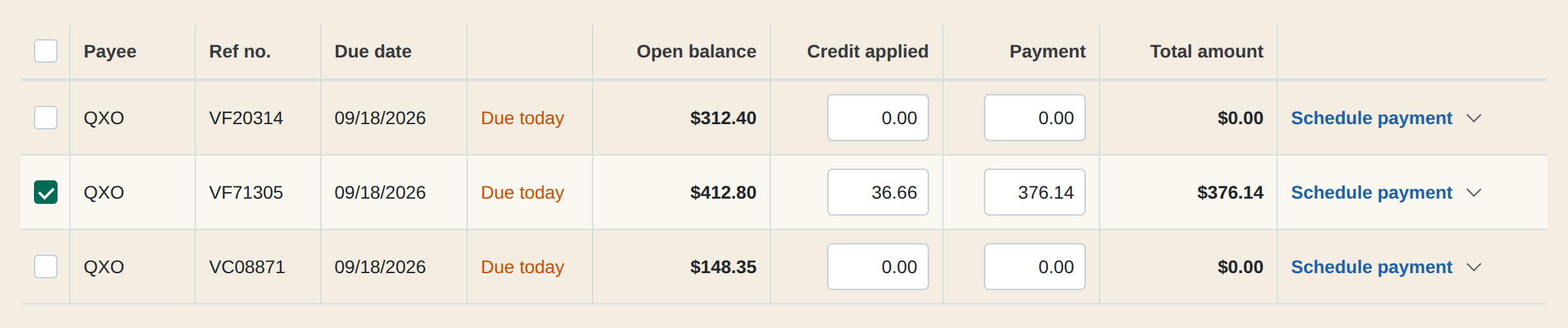 QuickBooks Online pay bills: the QXO bill with the vendor credit applied against it.